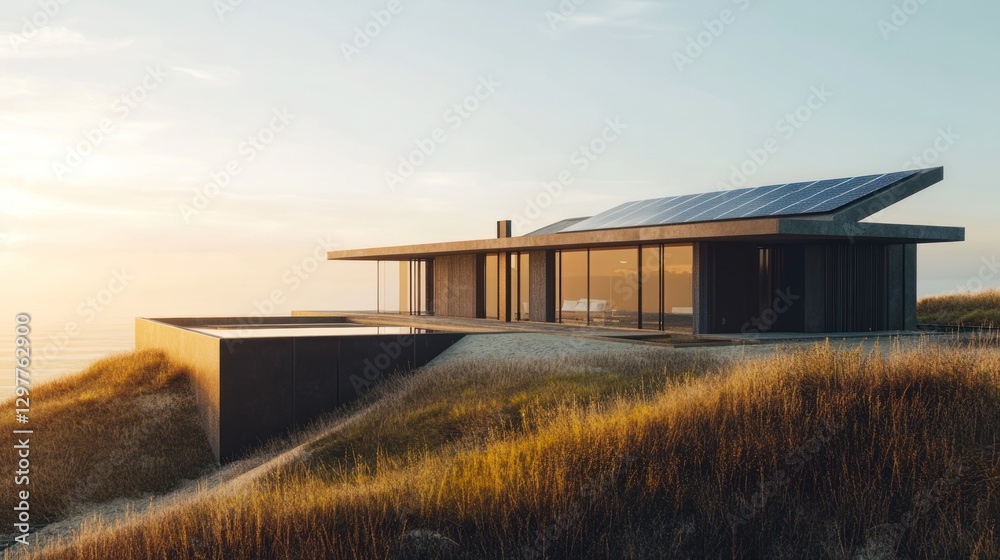 Sustainable architecture, Modern house with solar panels on a coastal cliff