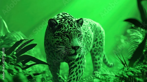 Emerald predator, A jaguar prowls through an uncanny green jungle habitat