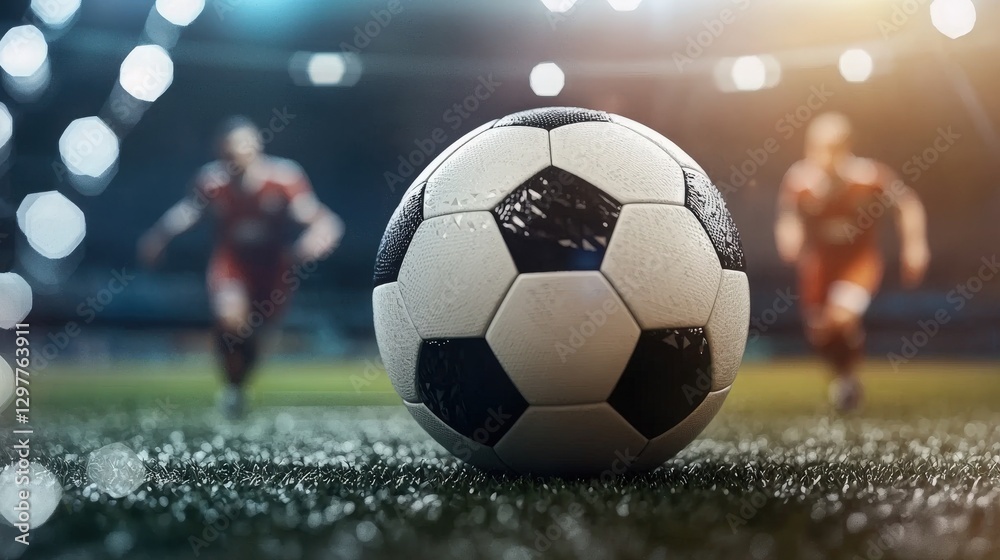Fototapeta premium Soccer Ball on Wet Grass with Blurred Players in Background.