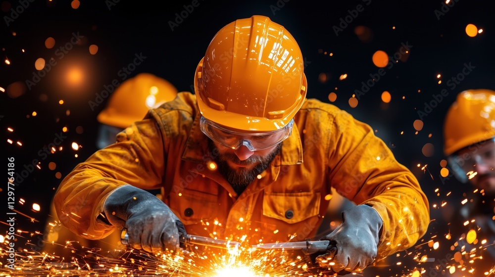 Two skilled workers wearing orange safety gear and goggles engage in welding tasks, creating sparks in an industrial workshop filled with warm light and metal tools Two skilled workers wearing orange safety gear and goggles engage in welding tasks, creating sparks in an industrial workshop filled with warm light and metal tools