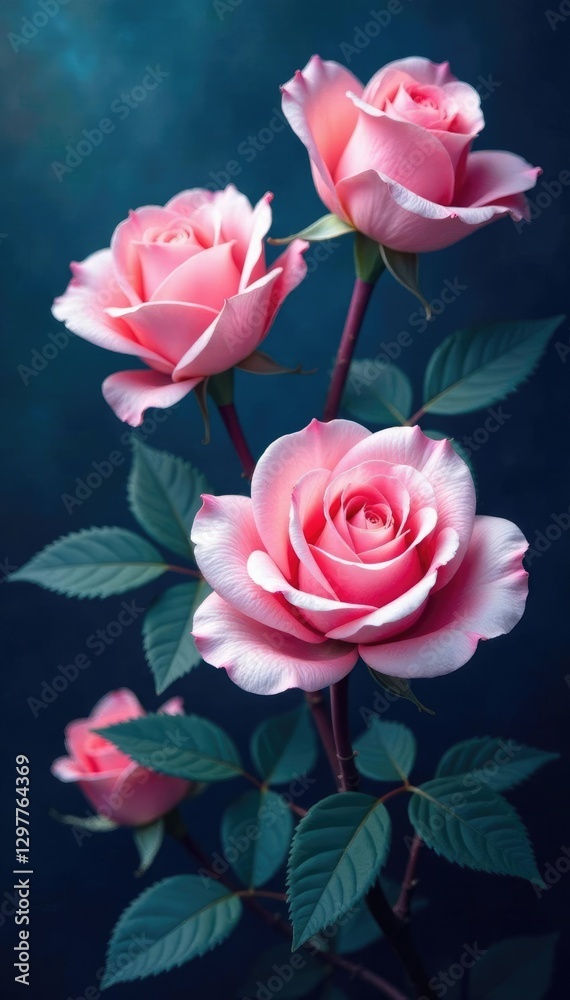 Fototapeta premium Soft pink rose petals on dark blue background, flowers, painting, roses