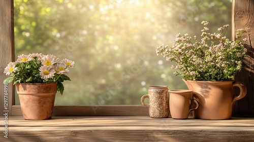 collection of vibrant flowers in terracotta pots is arranged on a wooden shelf. Sunlight streams in, creating a warm atmosphere that highlights the beauty of the blooms