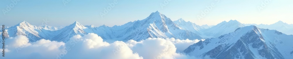 Obraz premium Soft white clouds drift lazily above snow-capped mountain peaks, serene mountain vistas soft white clouds, cloud formations over mountains, snowy peaks towering high