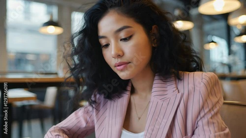 Wallpaper Mural Curly woman in pink striped blazer focused on work and using smartphone in cozy cafe. Torontodigital.ca