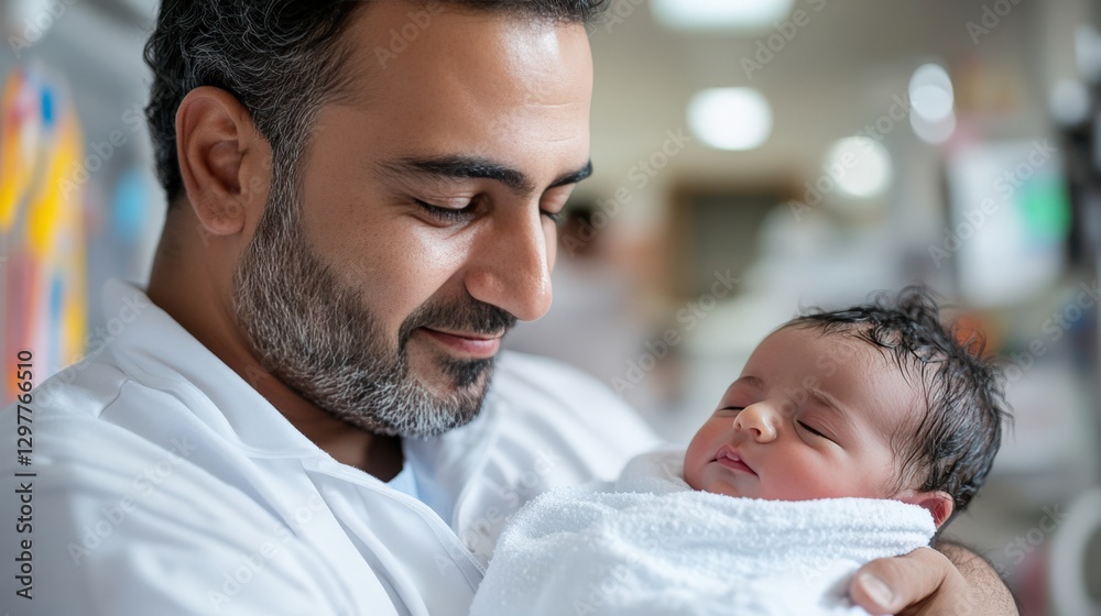Fototapeta premium A Proud Middle-Eastern Man Holding His Newborn Baby Boy in a Hospital Nursery, Filled with Joy and Tenderness During Their First Moments Together