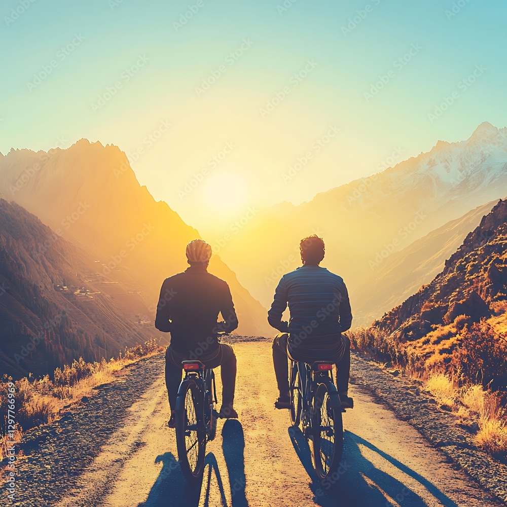 Fototapeta premium Cyclists in the mountains at sunset - Adventure