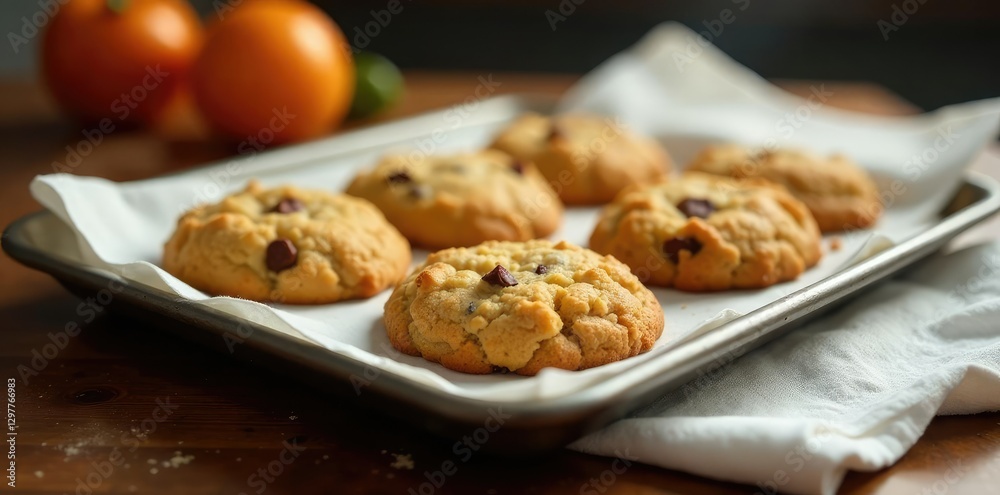 Warm spices fill the air as a tray of baked cookies cools on a white kitchen towel, warm aromas, kitchen towel, baking sheet Warm spices fill the air as a tray of baked cookies cools on a white kitchen towel, warm aromas, kitchen towel, baking sheet
