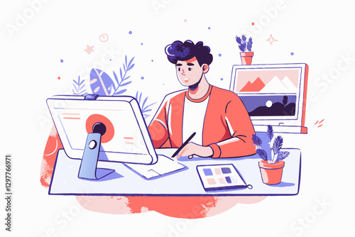 Digital Artist Creating on Tablet in Cozy Home Office with Nature-Inspired Decor