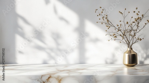 luxurious white marble tabletop with delicate gold veins, set against a minimalist white wall, featuring abstract shadow drops for a refined mockup display