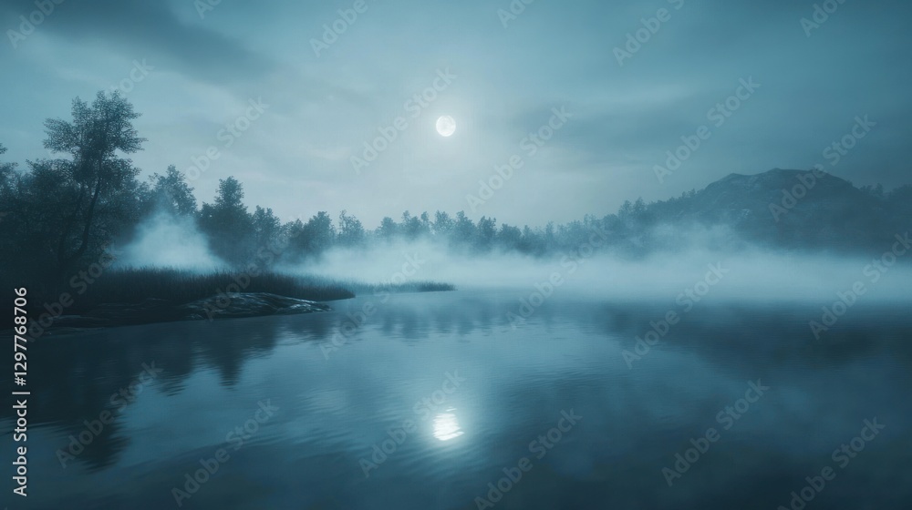 Mystical lunar landscape, Reflecting moonlight on a tranquil misty lake Mystical lunar landscape, Reflecting moonlight on a tranquil misty lake
