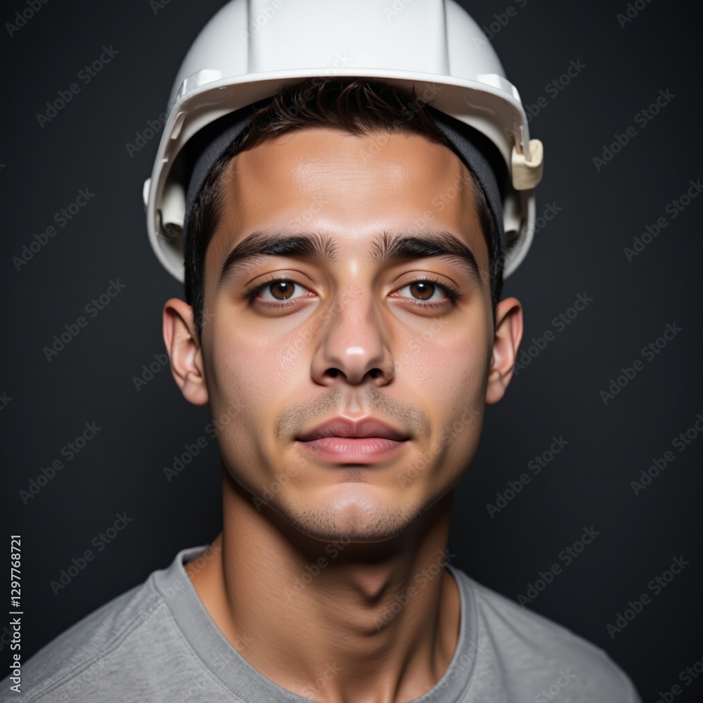 Fototapeta premium Portrait of a Young Adult Male Construction Worker Wearing a White Hard Hat, Showcasing Professionalism and Determination in a Studio Setting