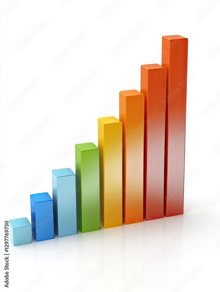 Colorful 3D Bar Graph Illustrating Consistent Growth on White Background Colorful 3D Bar Graph Illustrating Consistent Growth on White Background