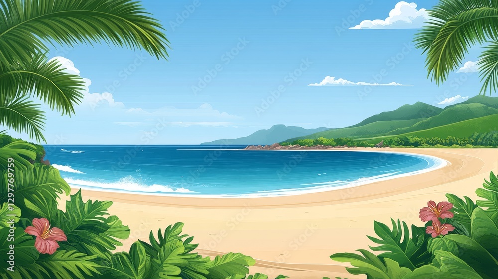 Fototapeta premium TranquilTropicalBeachParadiseSeamlessVectorLandscapeIllustratingCrystalWatersWhiteSandGreenVegetationVacationandRelaxation