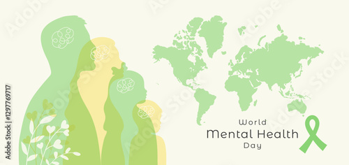 World Mental Health Day banner template. Family members silhouette. Man woman boy girl profile with map and lettering. Poster cover card info web with typography October 10.