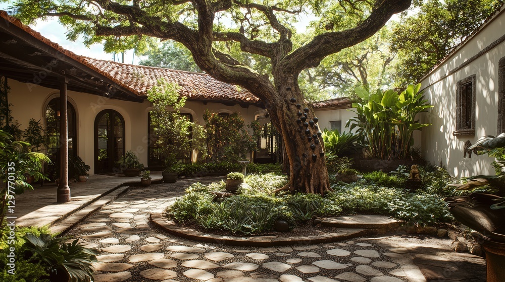 historic courtyard where an ancient rain tree has stood for centuries. historic courtyard where an ancient rain tree has stood for centuries.