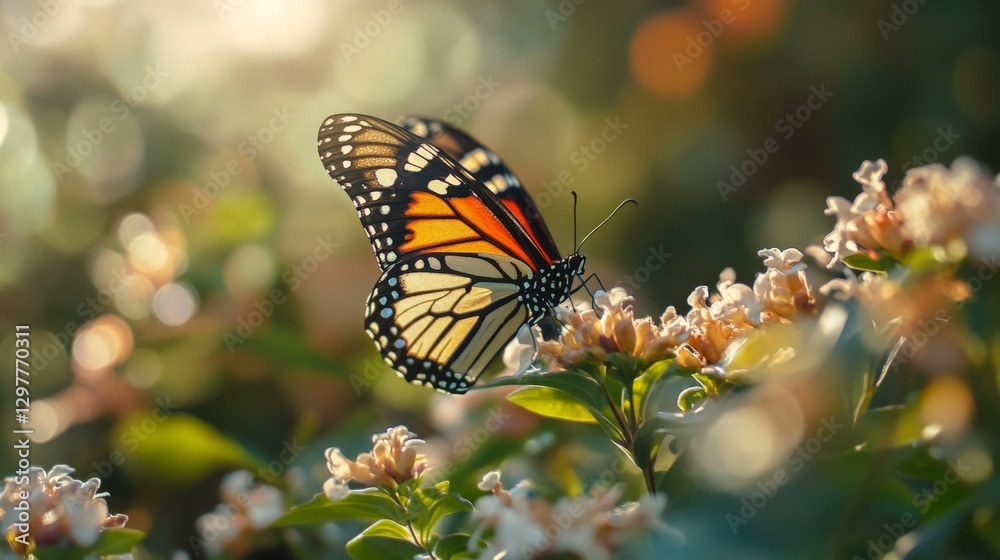 Obraz premium Monarch butterfly on a flower in a sunlit garden.