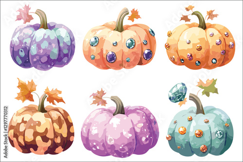 Collection of Halloween pumpkins with scary faces and autumn decorations
