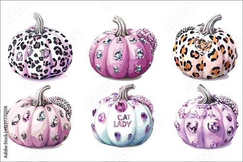Collection of Halloween pumpkins with scary faces and autumn decorations
