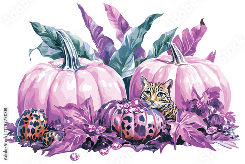 Collection of Halloween pumpkins with scary faces and autumn decorations
