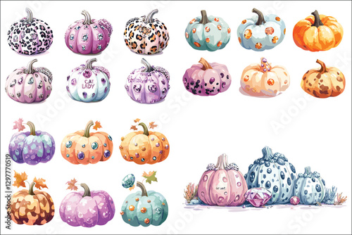 Collection of Halloween pumpkins with scary faces and autumn decorations
