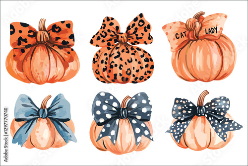 Collection of Halloween pumpkins with scary faces and autumn decorations
