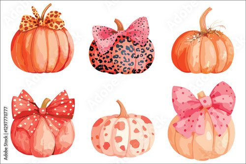 Collection of Halloween pumpkins with scary faces and autumn decorations
