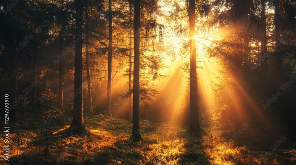 Fototapeta premium Sunlight beams through the trees of a forest, creating a mystical and ethereal atmosphere