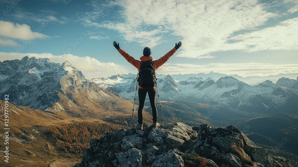 Obraz premium A hiker reaching the summit of a mountain, arms raised in victory