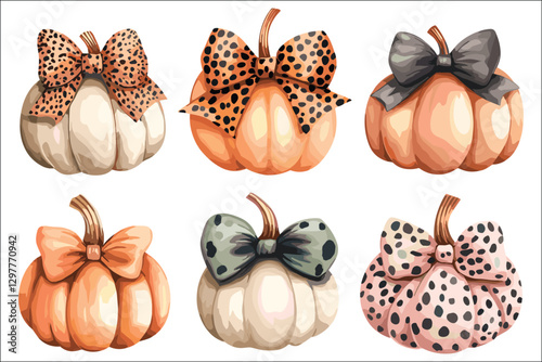 Collection of Halloween pumpkins with scary faces and autumn decorations
