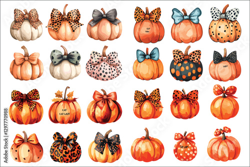 Collection of Halloween pumpkins with scary faces and autumn decorations
