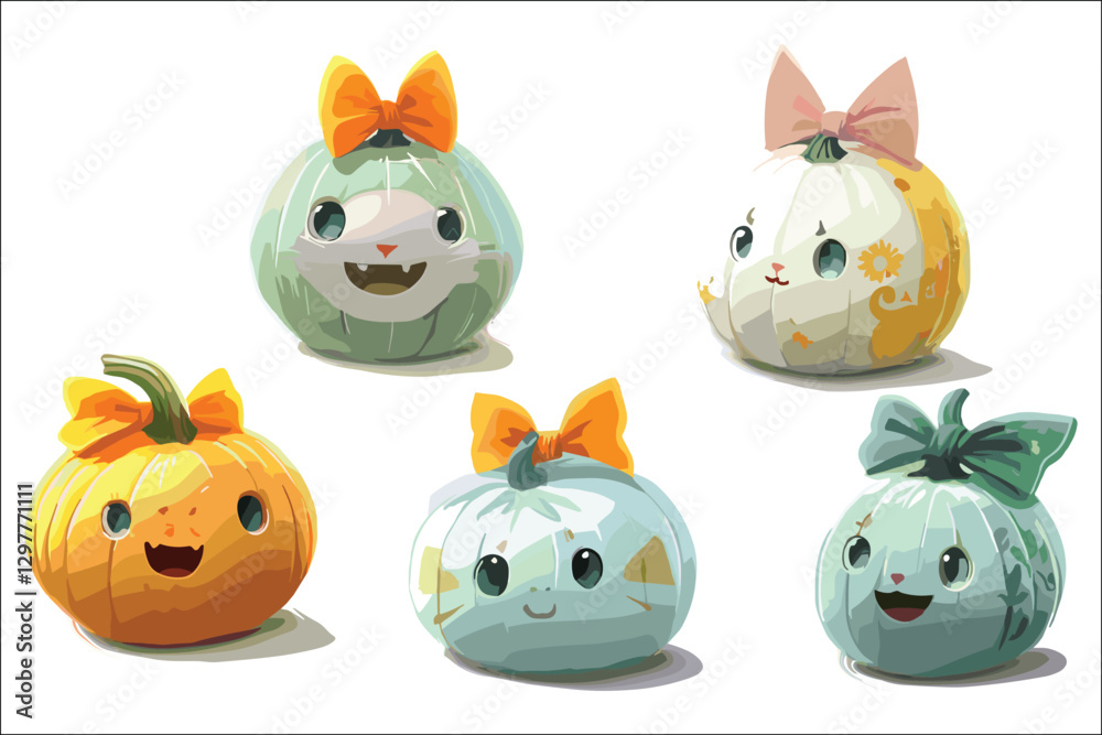 Fototapeta premium Collection of Halloween pumpkins with scary faces and autumn decorations 