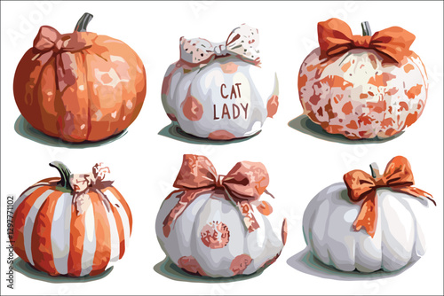 Collection of Halloween pumpkins with scary faces and autumn decorations
