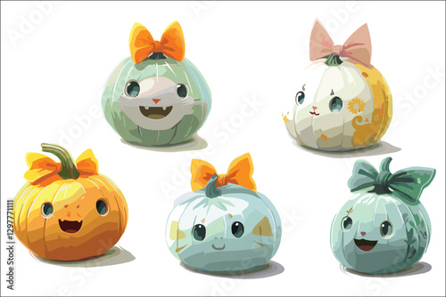 Collection of Halloween pumpkins with scary faces and autumn decorations
