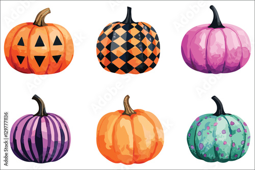 Collection of Halloween pumpkins with scary faces and autumn decorations