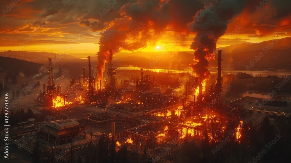 Dramatic sunset over an oil refinery engulfed in flames, creating a powerful image of industrial disaster and environmental impact. Dramatic sunset over an oil refinery engulfed in flames, creating a powerful image of industrial disaster and environmental impact.