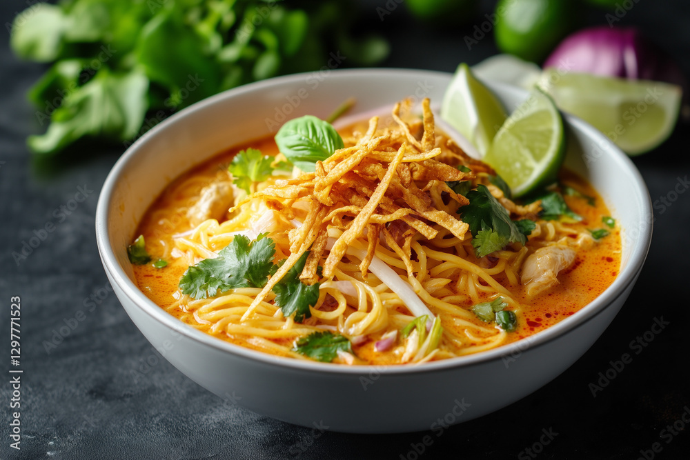 Khao Soi, Northern Thai coconut curry noodle soup with chicken or beef, topped with crispy noodles Khao Soi, Northern Thai coconut curry noodle soup with chicken or beef, topped with crispy noodles