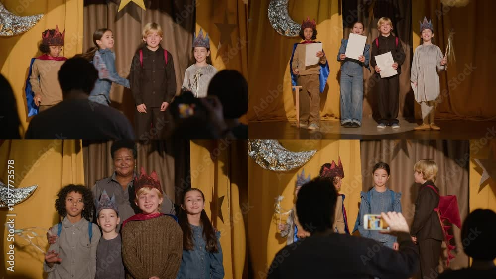 custom made wallpaper toronto digitalSplit screen of group of diverse kids wearing costumes playing in school theater and bowing to audience