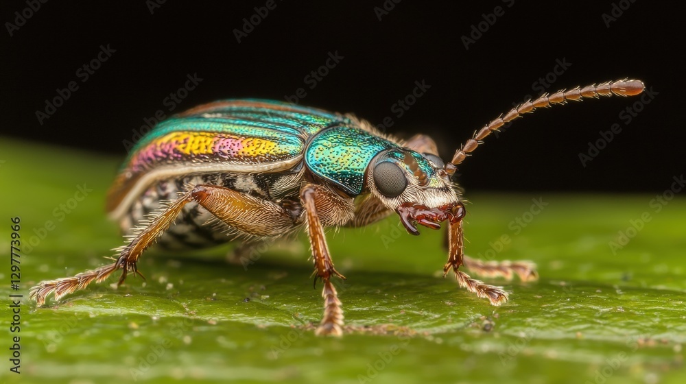 Naklejka premium A close-up of a colorful beetle with a shiny metallic shell and long antennae.