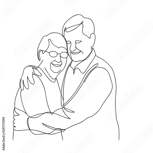 Elderly Couple Embracing, OneLine Drawing, Love, Affection, Happiness, Retirement, Togetherness, Com