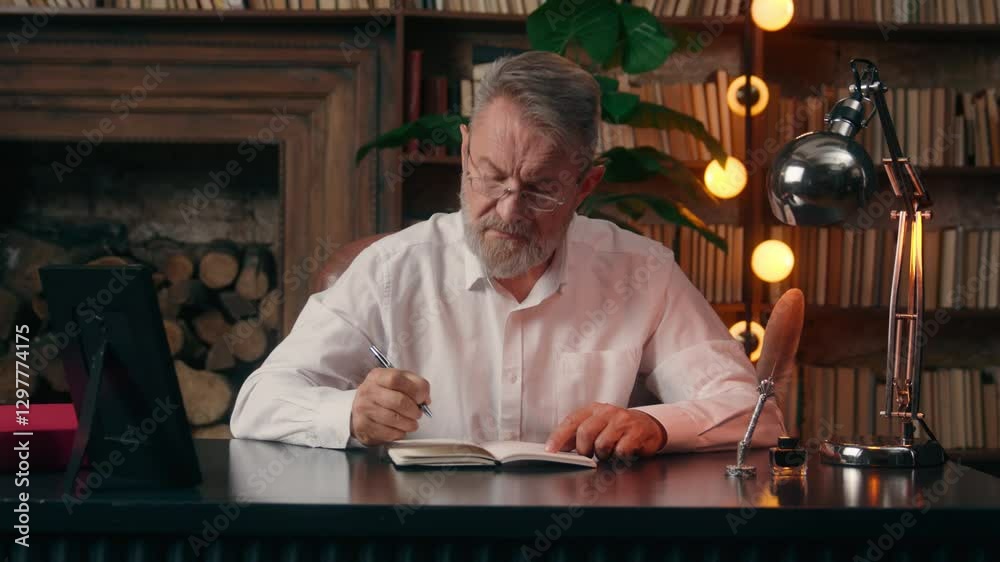Caucasian old man writing notes closing notebook diary male businessman business office indoors mature senior finish work done complete job writer end relaxing break serious pensive worker thinking Caucasian old man writing notes closing notebook diary male businessman business office indoors mature senior finish work done complete job writer end relaxing break serious pensive worker thinking