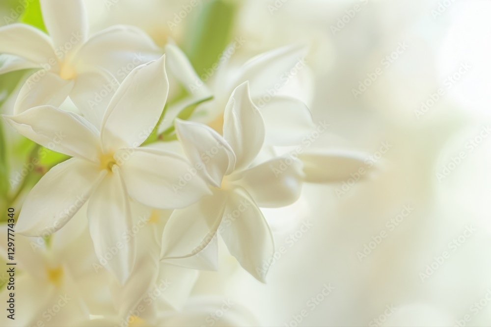 Fototapeta premium Delicate white jasmine in soft focus on a light background with subtle bokeh effect for nature and floral themed projects. Macro flower backdrop concept.
