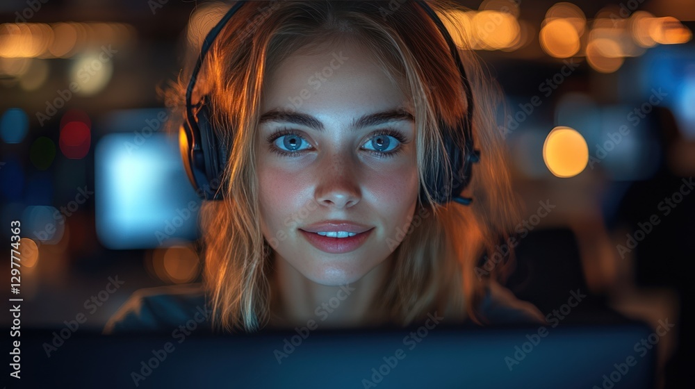 Professional customer support operator assisting client with hands-free device in call center, smiling and friendly. Professional customer support operator assisting client with hands-free device in call center, smiling and friendly.