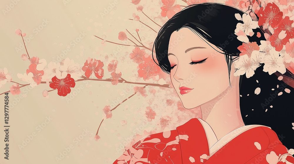 Fototapeta premium Cartoon beautiful Japanese girl illustration 