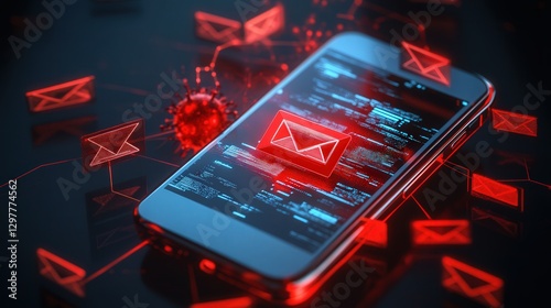phone with a red warning alert showing SMS phishing scams and a virus spreading from the hacked email