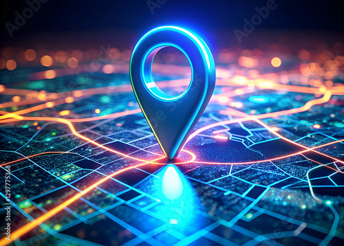 Location Pin on a Digital City Map with Glowing Lines