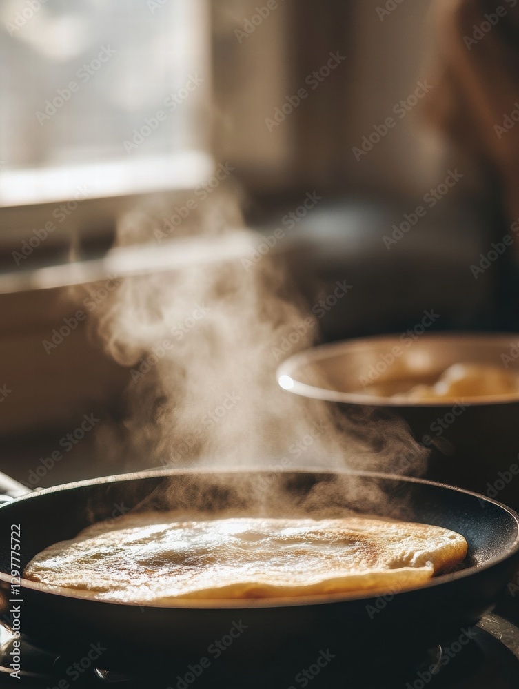 Preparing a delicious fluffy omelette on a stove with steam rising in a cozy kitchen during the morning hours. Generative AI Preparing a delicious fluffy omelette on a stove with steam rising in a cozy kitchen during the morning hours. Generative AI