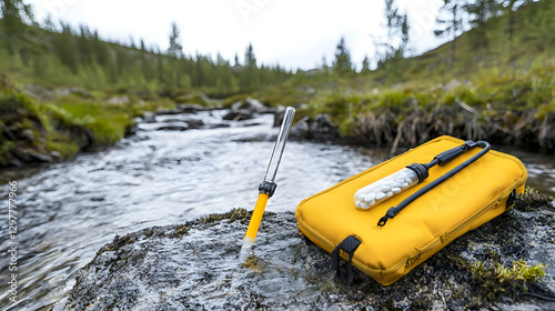 Personal water filter straw and emergency water purification tablets resting on a rock beside a clear pristine stream in a wilderness setting providing a reliable solution for outdoor and survival