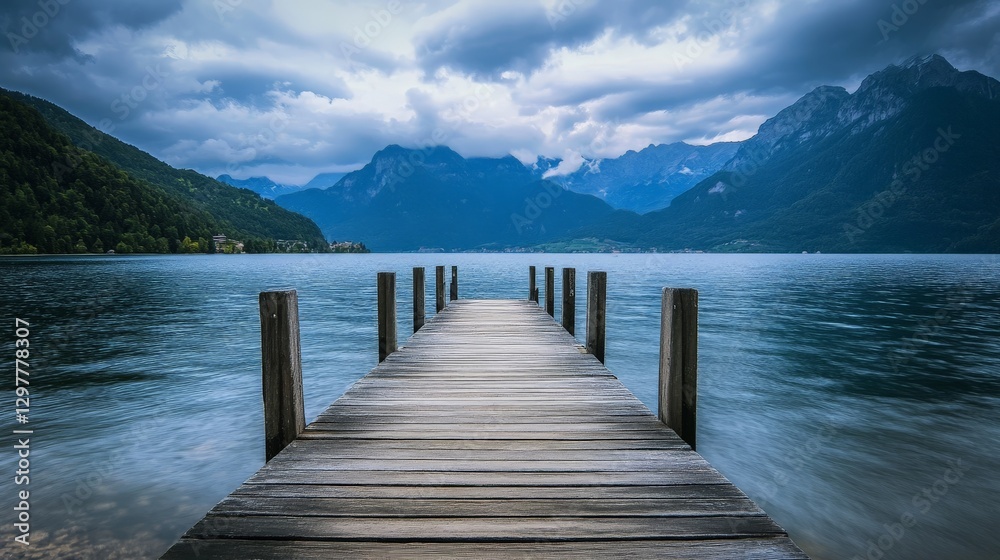 Wooden pier extending into a calm lake with mountains in the background Wooden pier extending into a calm lake with mountains in the background