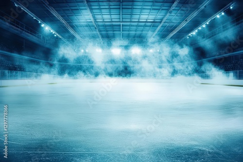 Spectator area shines under dim lights, enhancing the ice rink's mystique.