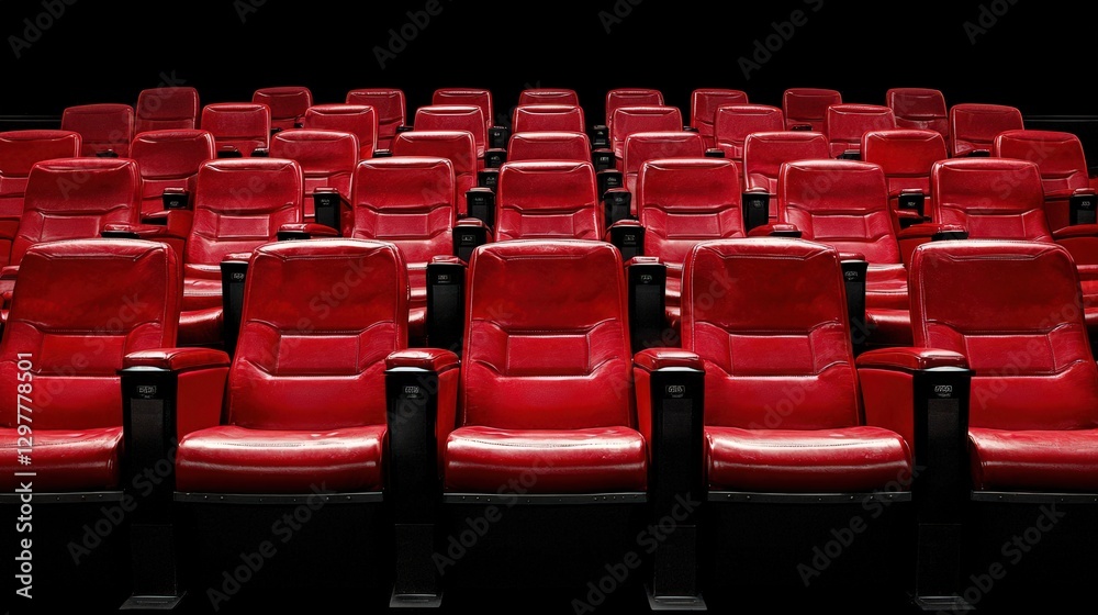 Obraz premium Empty rows of red seating create a serene atmosphere in the movie theater.